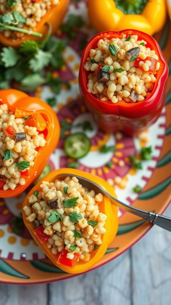 Stuffed bell peppers filled with couscous and various vegetables, garnished with herbs.