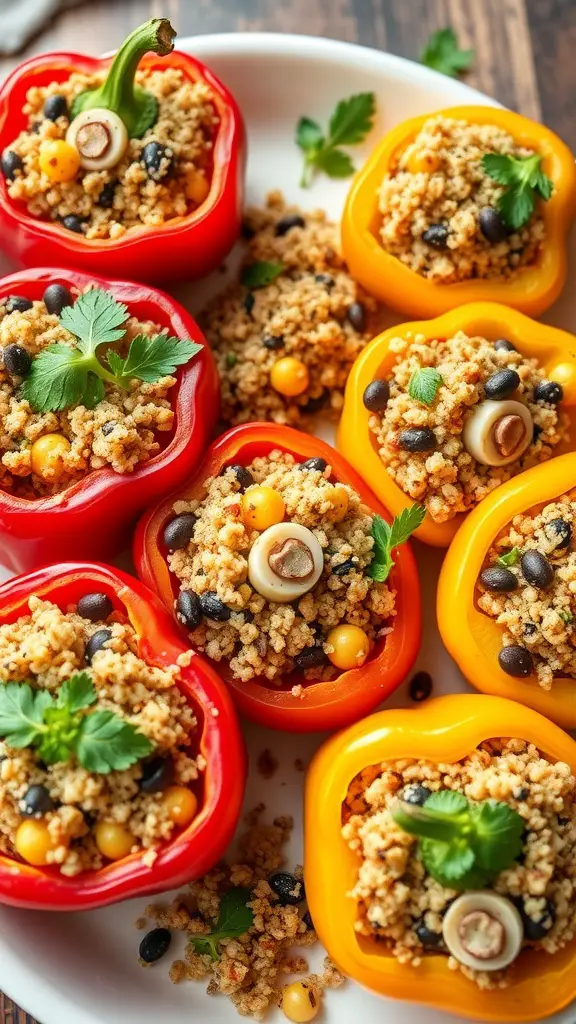 Colorful stuffed bell peppers filled with quinoa, black beans, and corn.