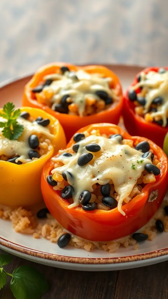 Stuffed bell peppers filled with rice and beans, topped with cheese.