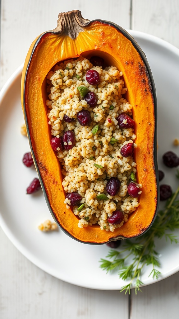A beautifully roasted butternut squash filled with quinoa, cranberries, and nuts.
