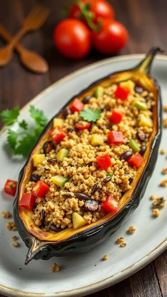 Stuffed eggplant with quinoa and vegetables on a plate.