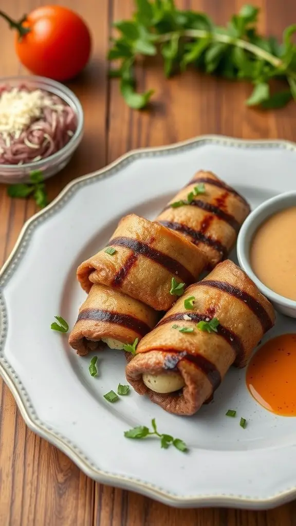 Stuffed grilled beef rolls on a plate with dipping sauce