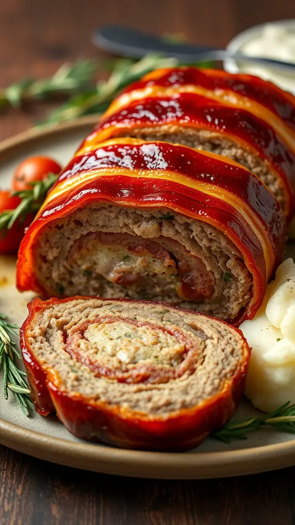 A delicious stuffed meatloaf wrapped in bacon, sliced to show the filling.