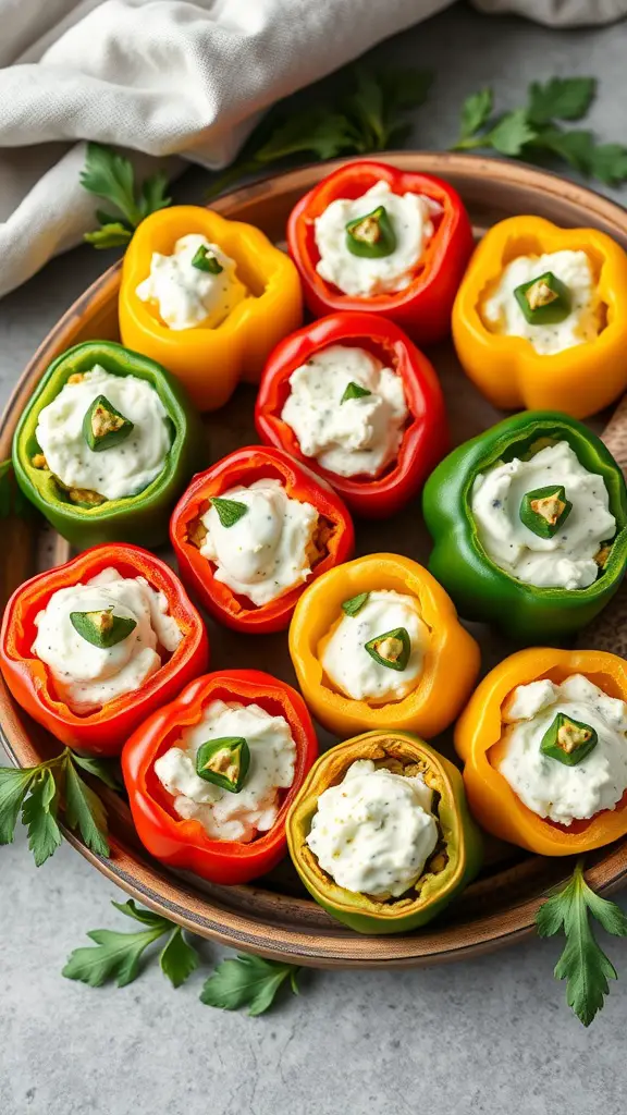 A colorful platter of stuffed mini peppers filled with cream cheese mixture, garnished with herbs.