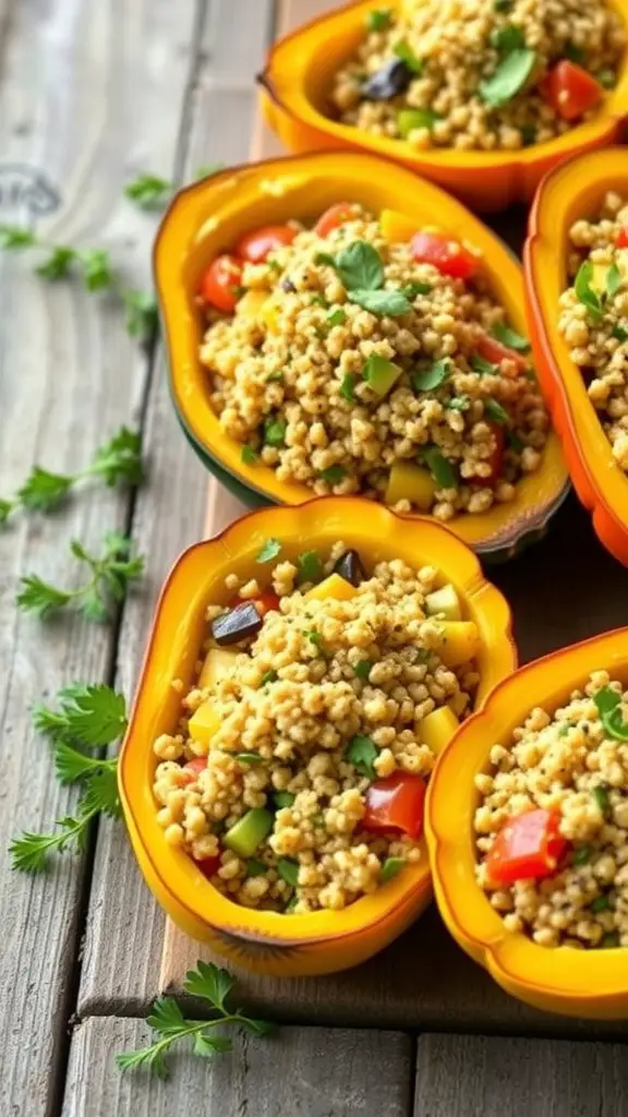 A colorful display of stuffed summer squash boats filled with grains and vegetables.