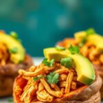 Stuffed sweet potatoes with spicy chicken, topped with avocado and cilantro.
