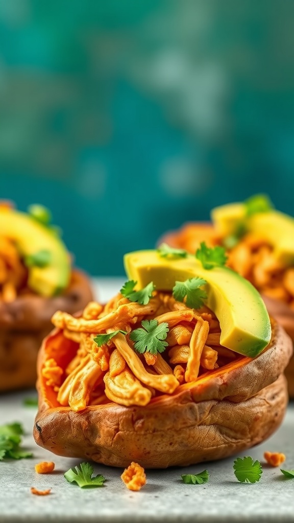 Stuffed sweet potatoes with spicy chicken, topped with avocado and cilantro.