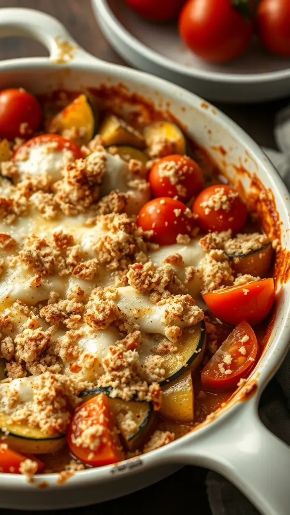 A delicious serving of Summer Squash and Tomato Gratin, featuring layers of zucchini, yellow squash, and cherry tomatoes topped with cheese and breadcrumbs.