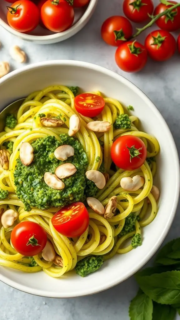 A bowl of summer squash noodles topped with pesto, cherry tomatoes, and nuts.
