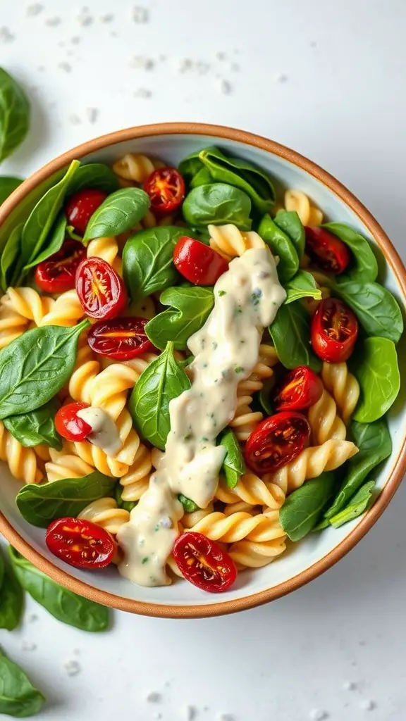 A bowl of sun-dried tomato and spinach pasta salad with creamy dressing.