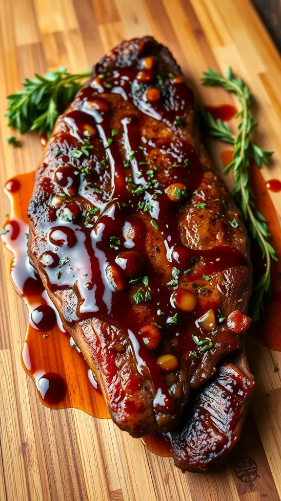 Grilled hanger steak with a sweet and savory glaze on a wooden cutting board.