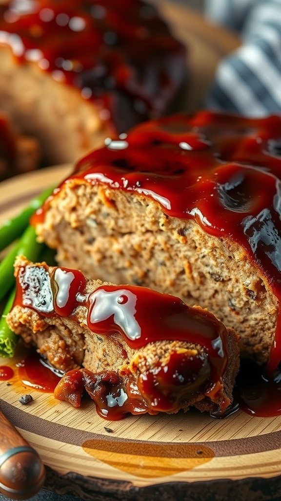 A slice of BBQ meatloaf topped with barbecue sauce, served with green beans.