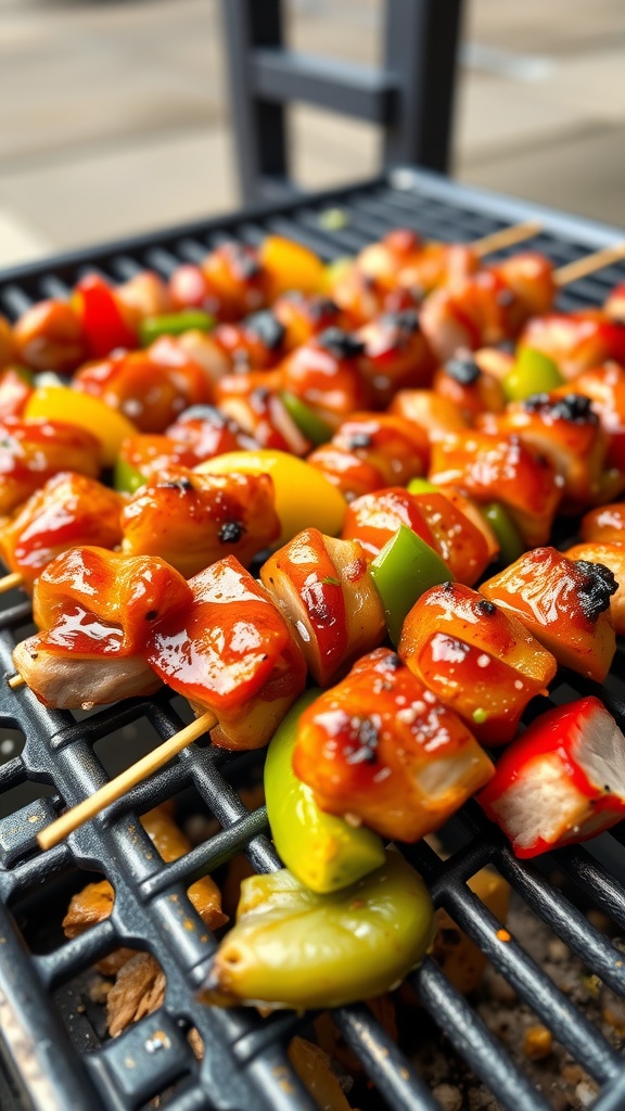 Delicious sweet and sour BBQ pork skewers on a grill.