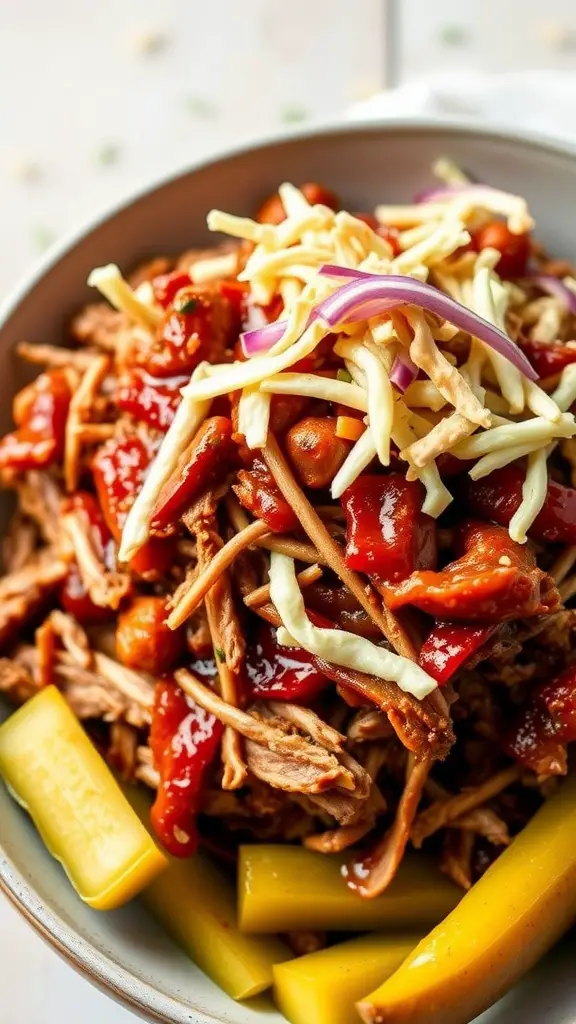 A bowl of sweet and spicy BBQ pulled pork topped with coleslaw and served with pickles.