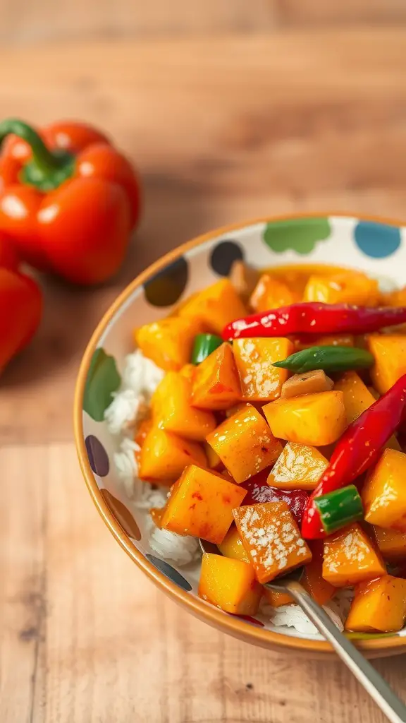 Sweet and Spicy Butternut Squash Stir-Fry served over rice