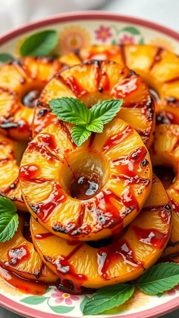 A plate of sweet and spicy grilled pineapple rings garnished with mint leaves.