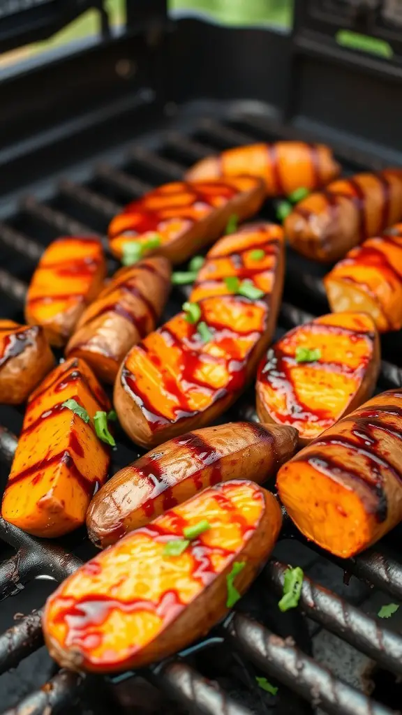 Sweet and spicy grilled sweet potatoes on a grill.