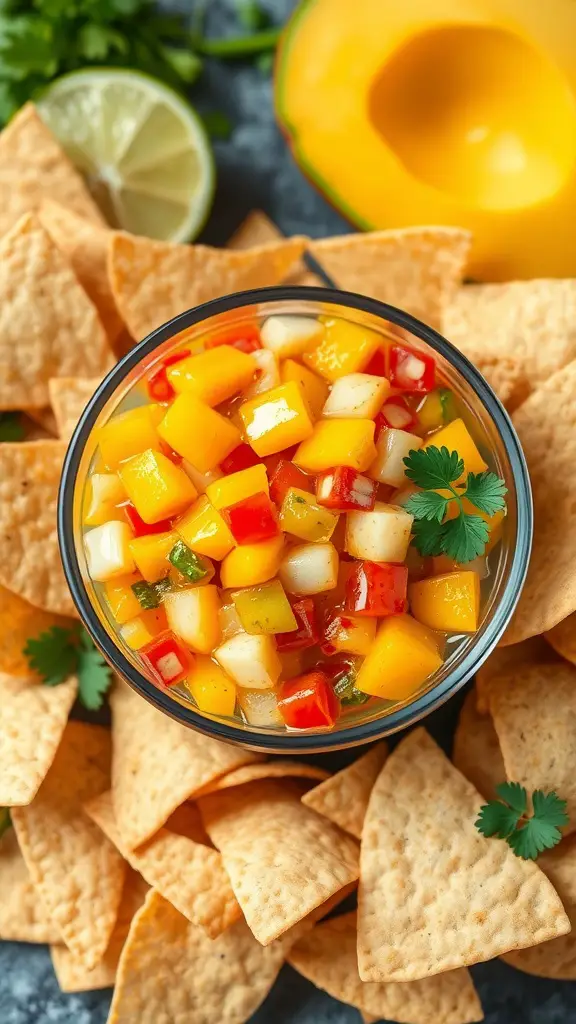 A bowl of sweet and spicy mango salsa with tortilla chips