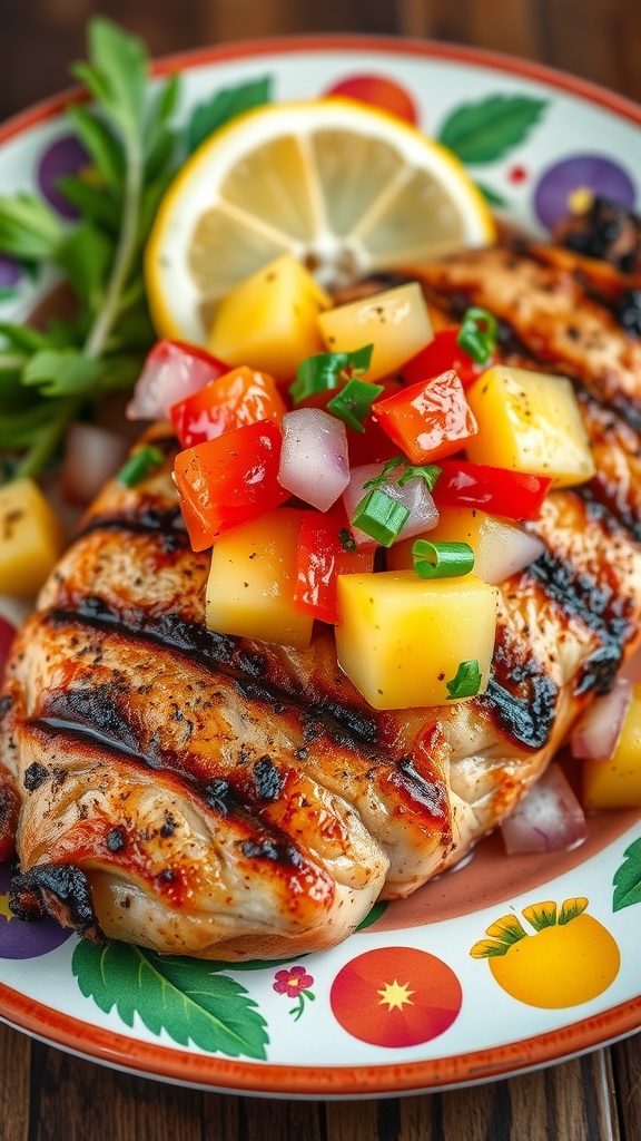 A delicious plate of sweet and spicy pineapple BBQ chicken garnished with fresh pineapple and cilantro.