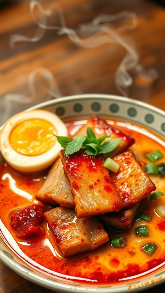 A bowl of sweet and spicy pork belly ramen with a soft-boiled egg and garnished with green onions and cilantro.