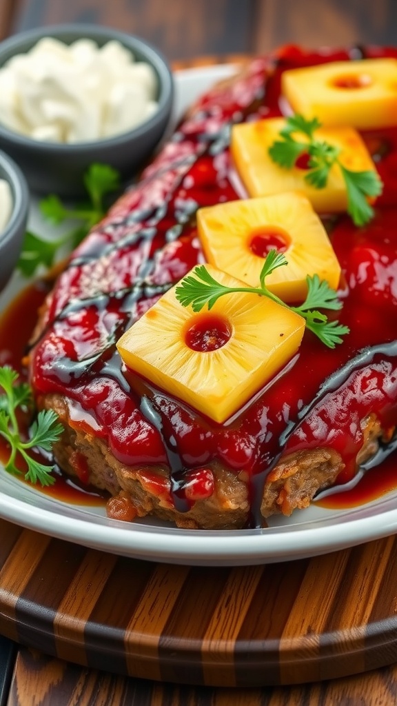 Sweet and Tangy Pineapple BBQ Meatloaf with BBQ sauce and pineapple slices