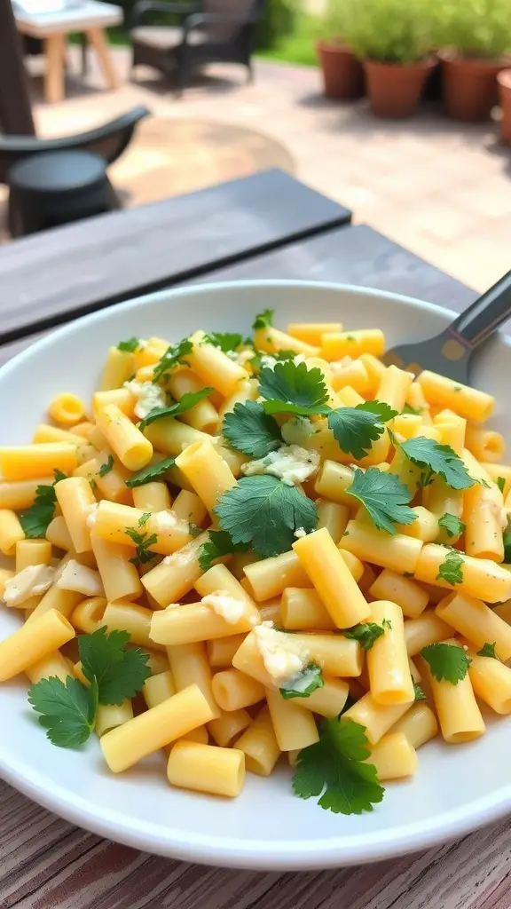 A plate of Sweet Corn and Cilantro Pasta Salad with fresh ingredients.
