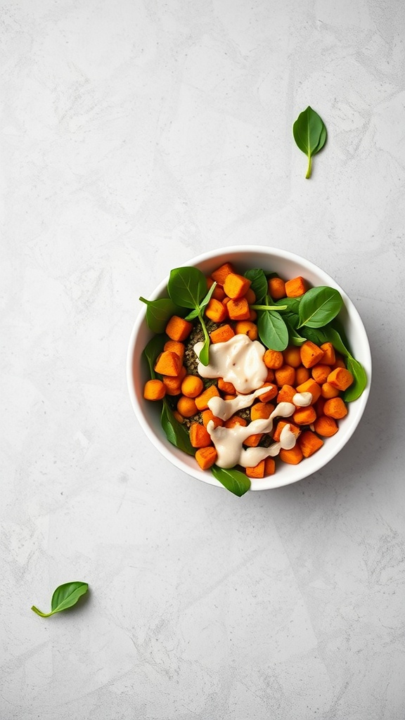 Sweet Potato and Chickpea Buddha Bowl with greens and tahini dressing