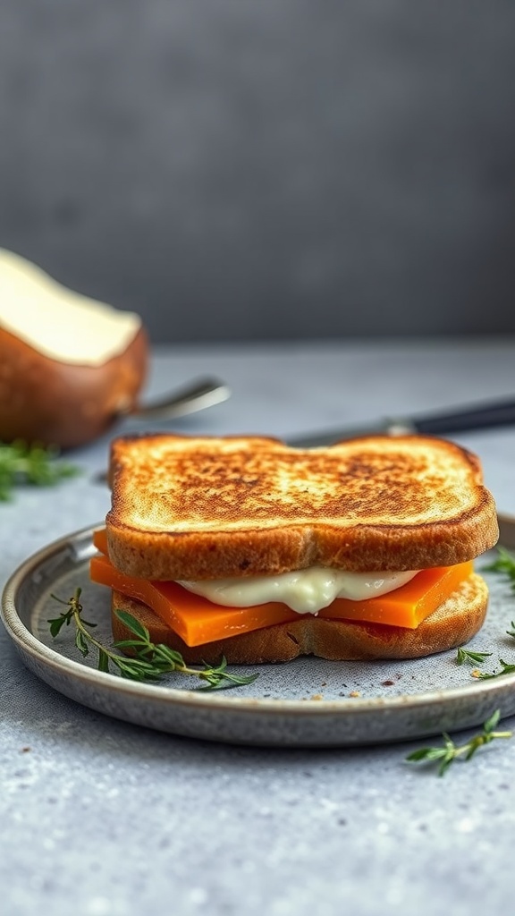 Grilled cheese sandwich with sweet potato and goat cheese on a plate.