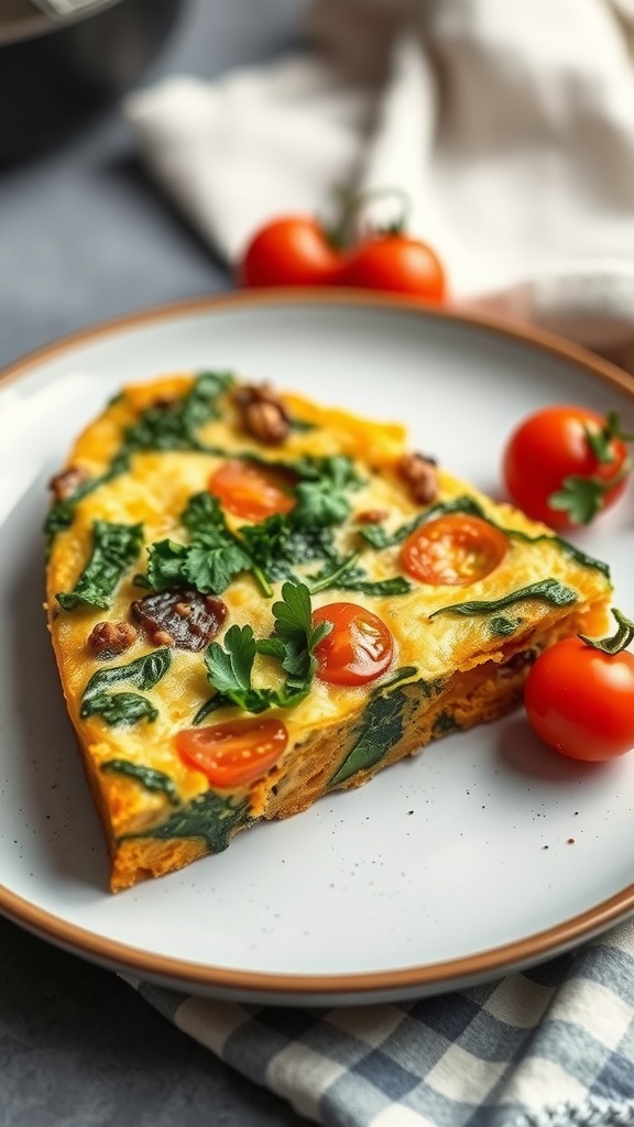 A slice of sweet potato and kale frittata garnished with cherry tomatoes