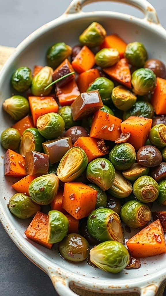 A colorful dish of sweet potato and Brussels sprouts glazed with maple syrup