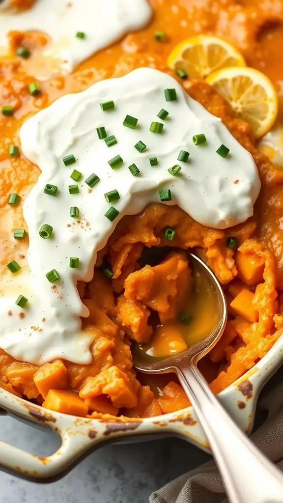 Sweet potato casserole topped with cream cheese and garnished with chives.