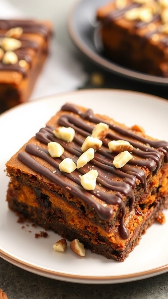Delicious sweet potato chocolate brownies topped with nuts and chocolate drizzle