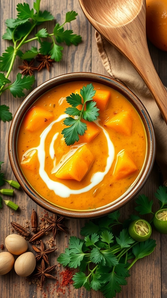 A bowl of sweet potato curry garnished with cilantro and a swirl of cream.