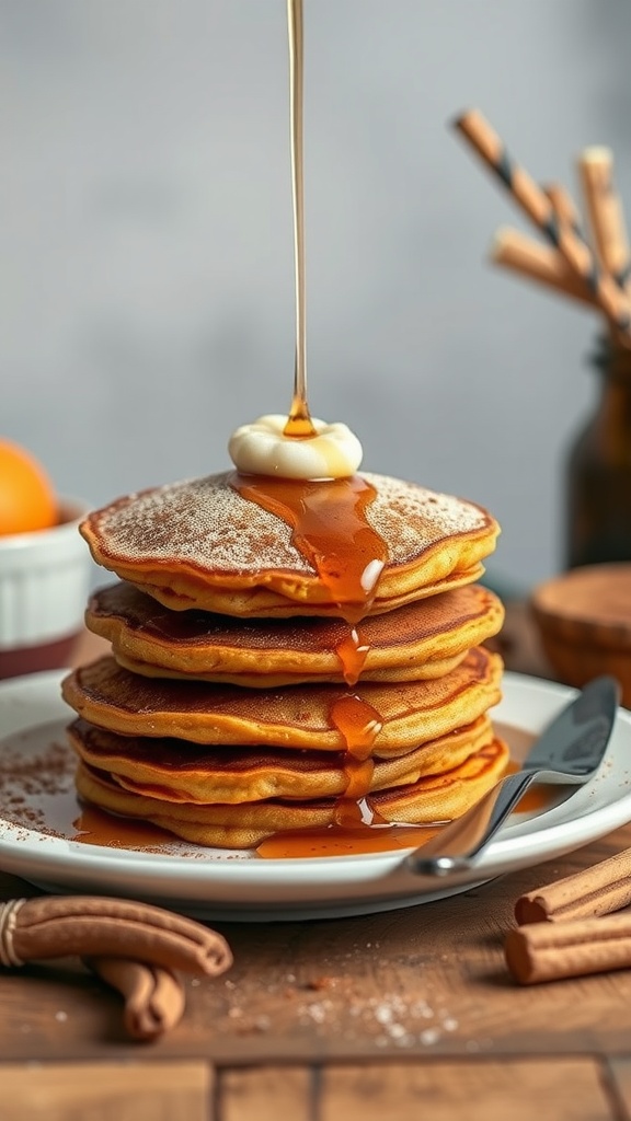 Fluffy sweet potato pancakes stacked with syrup drizzling on top