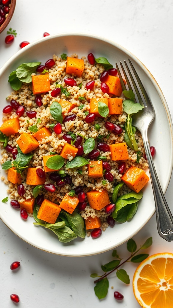 A vibrant Sweet Potato Quinoa Salad with pomegranate seeds and fresh herbs.
