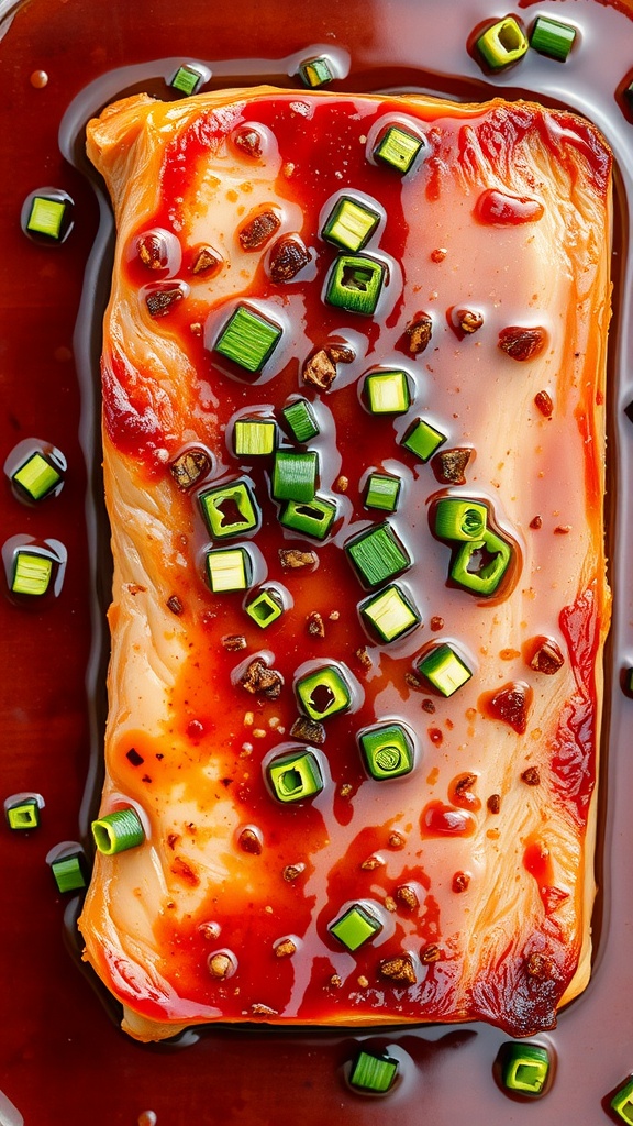 Delicious pork belly marinated in sweet soy sauce with green onions on top