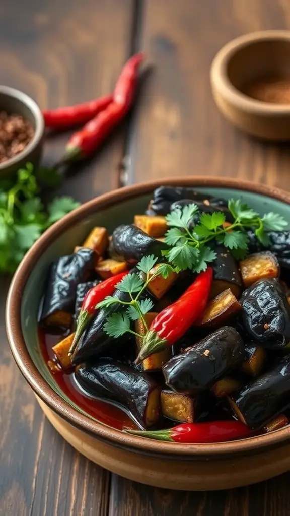 Szechuan style spicy eggplant dish with garnishes.