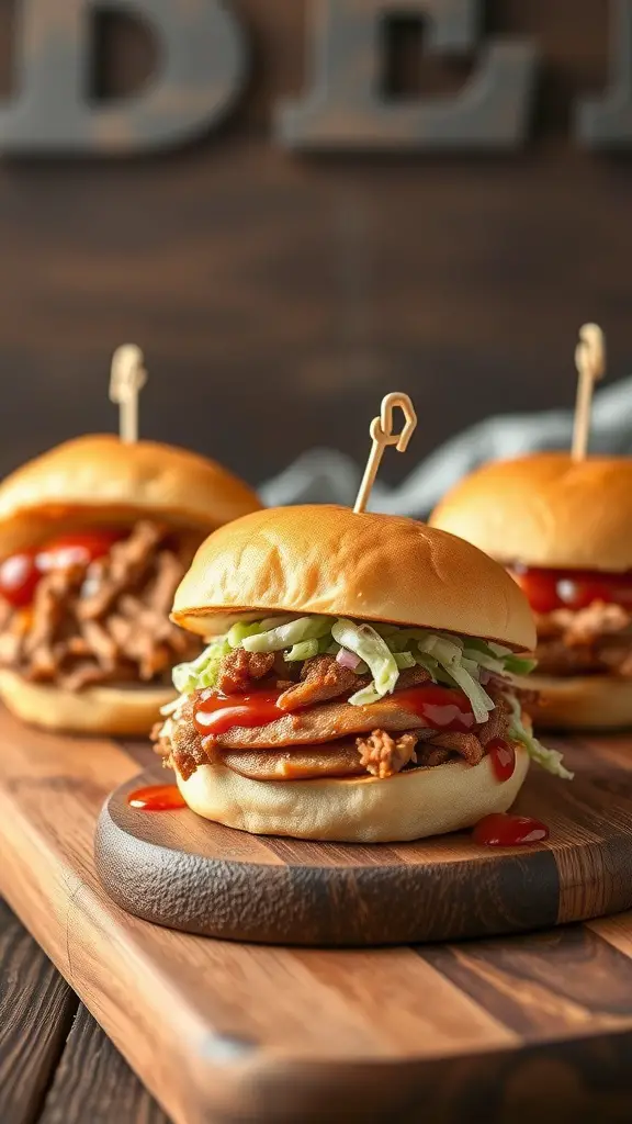 Tangy BBQ Pulled Pork Sliders on a wooden serving board.