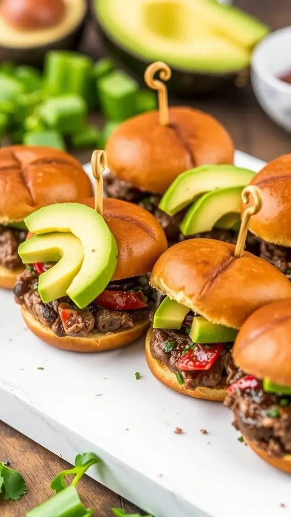 Delicious beef sliders topped with avocado and served on a wooden platter.