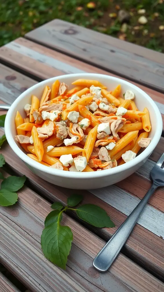 A bowl of Tangy Buffalo Chicken Pasta Salad.