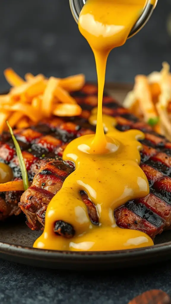 A tangy mustard barbecue sauce drizzling over grilled meat.