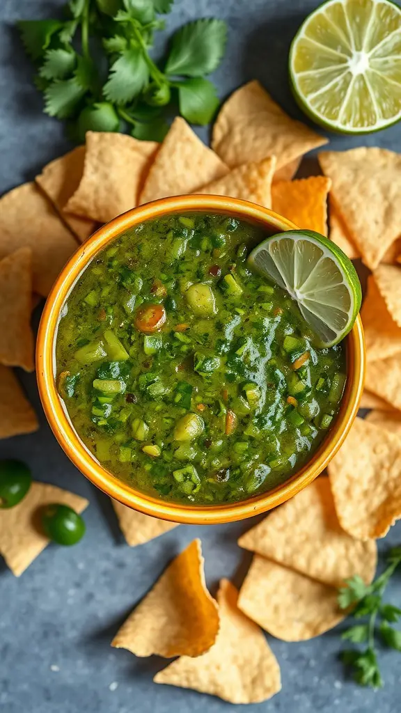 A bowl of tangy salsa verde with tortilla chips and lime on the side.