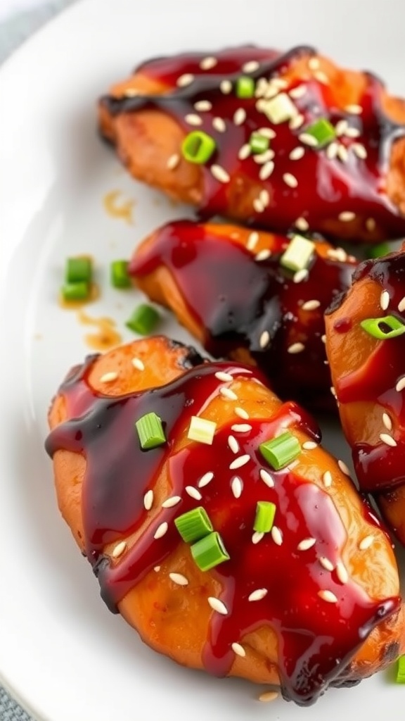 Delicious Teriyaki BBQ chicken breast topped with sesame seeds and green onions.