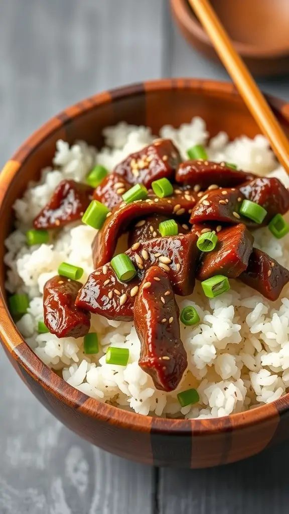 A delicious Teriyaki Beef and Rice Bowl with green onions on top.