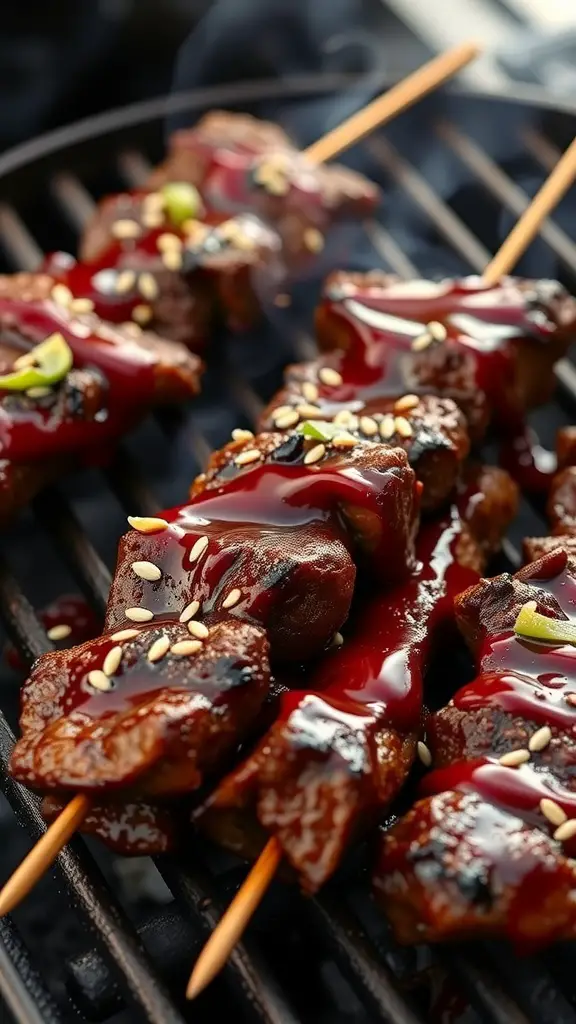 Grilled teriyaki beef skewers with sesame seeds and sauce