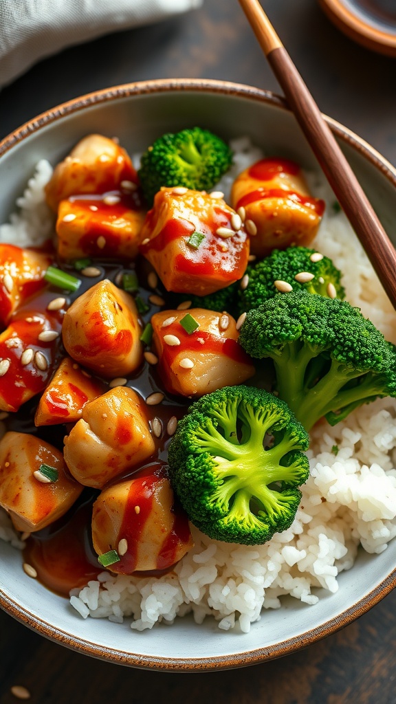 Bowl of teriyaki chicken with broccoli served over rice