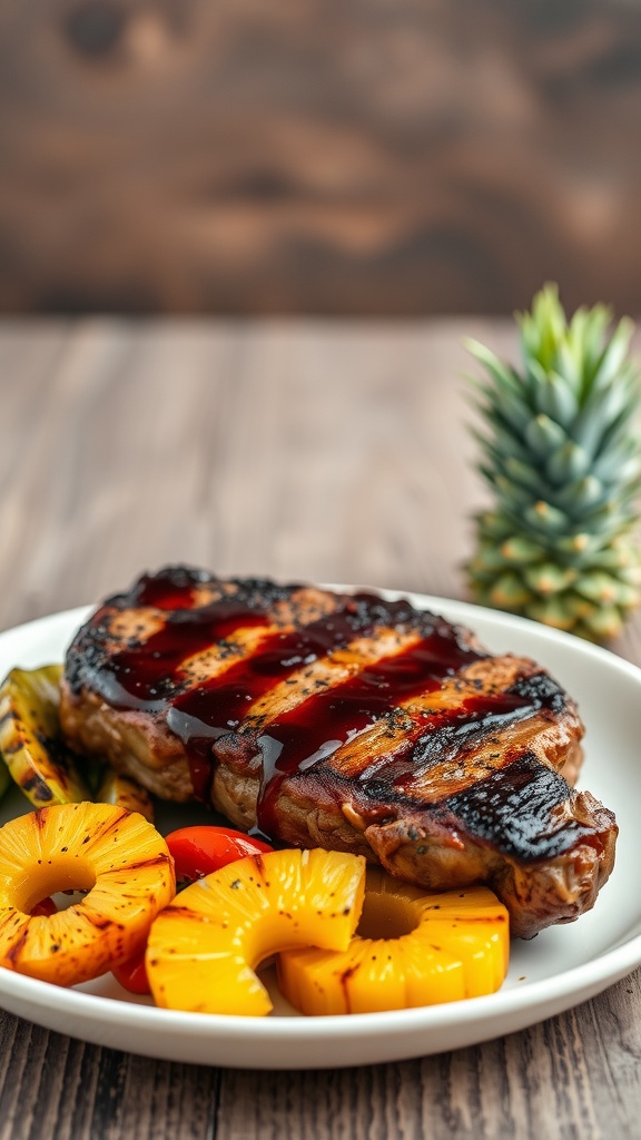 A grilled teriyaki glazed porterhouse steak with pineapples on a plate.