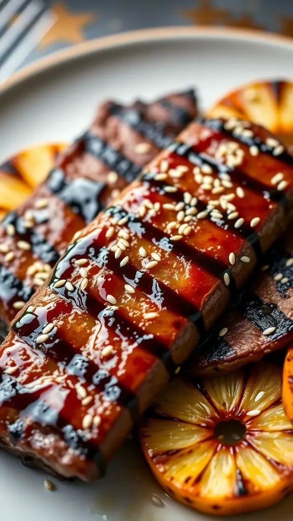 Teriyaki marinaded grilled skirt steak served with grilled pineapple slices.