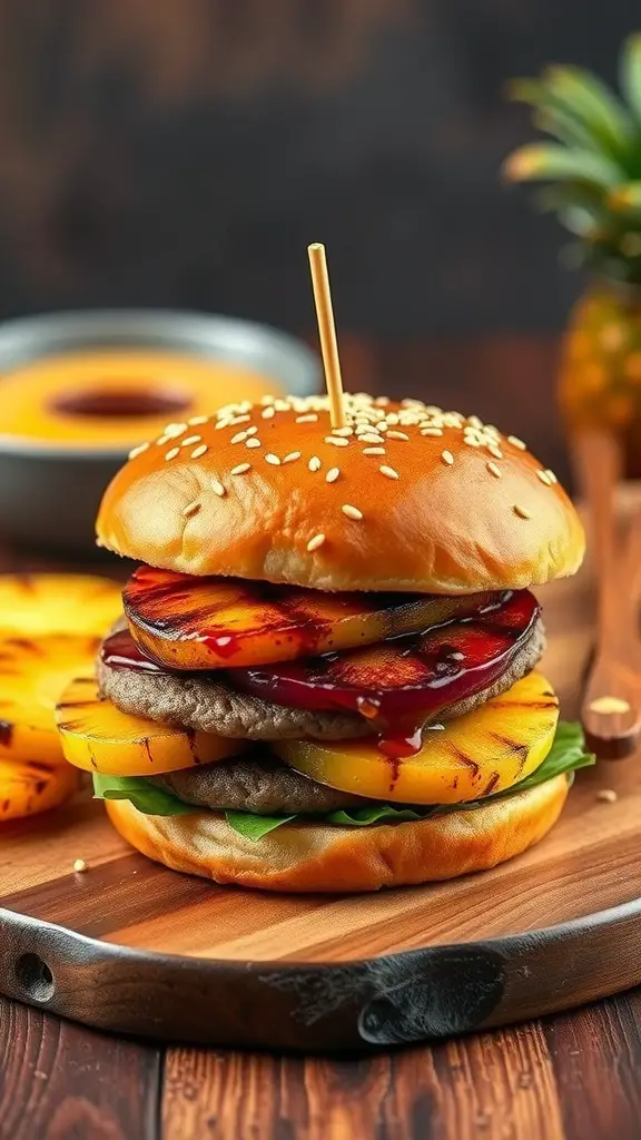 A delicious Teriyaki Pineapple Burger stacked with grilled pineapple, beef patty, and teriyaki sauce.