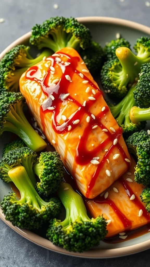Plate of Teriyaki Salmon with sesame seeds and broccoli